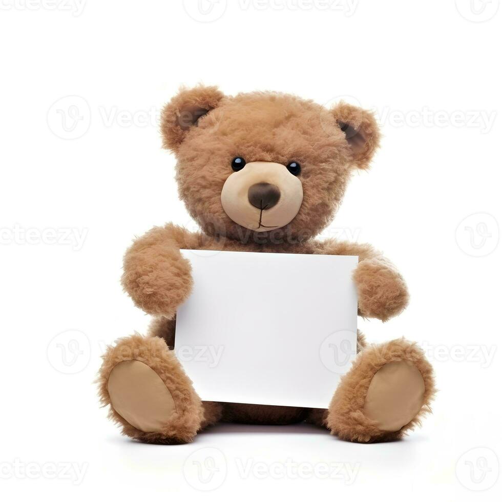 marrón osito de peluche oso sentado en un blanco antecedentes con un blanco pedazo ai generado foto