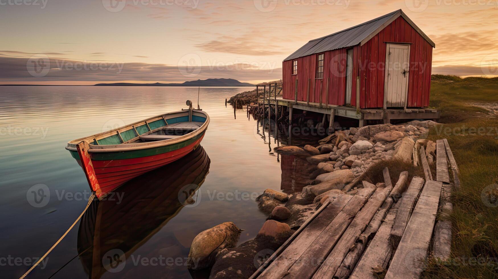 Fishing Hut and Boat AI Generated photo