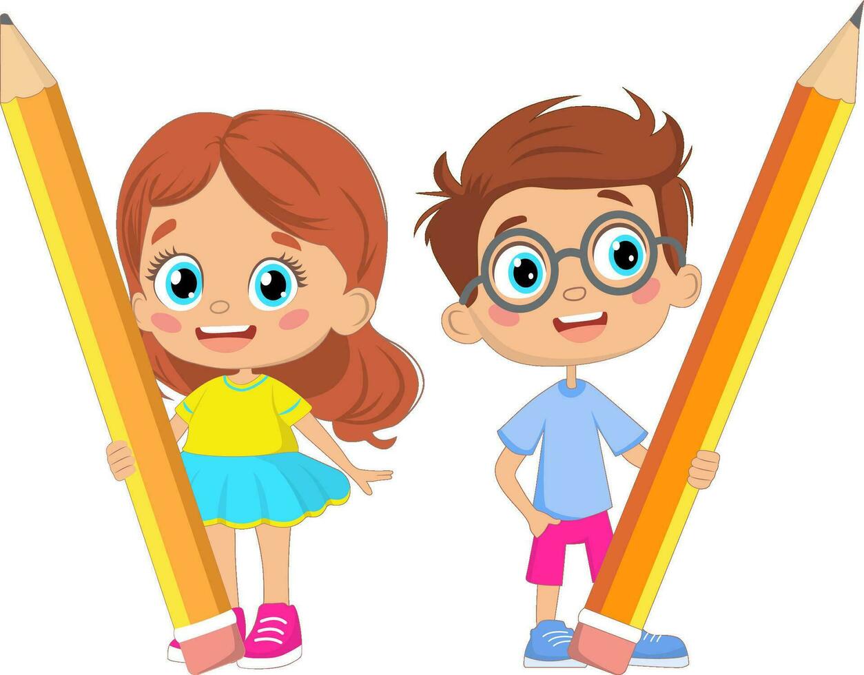 pequeño niños participación lápices.opuesto Inglés palabras embotar y afilado. vector ilustración