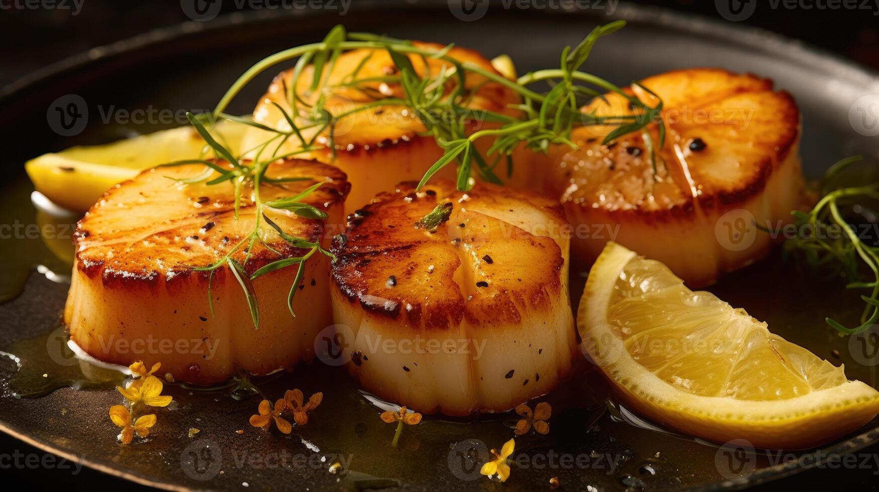 Pan seared diver scallops with lemon photo