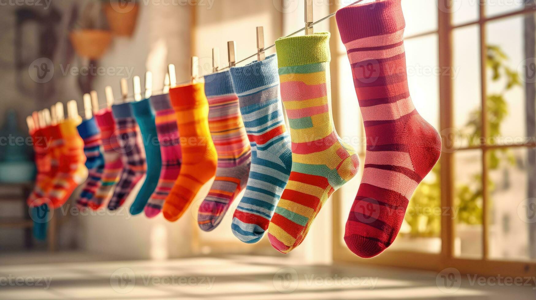 Colorful Socks Hanging to Dry AI Generated photo
