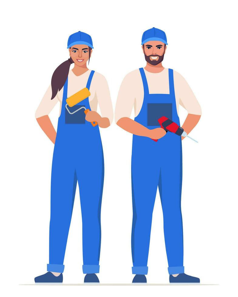 Repairman or mechanic man and woman painter. Collection of professional repair tools. Man and woman characters in uniform. Vector illustration.