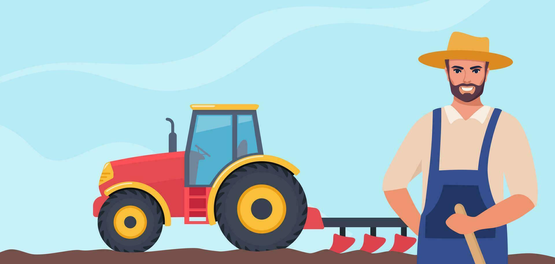 Tractor plowing the field and farmer stands in the foreground. Rural farm landscape. Agriculture concept. Farm Machine. Vector illustration.