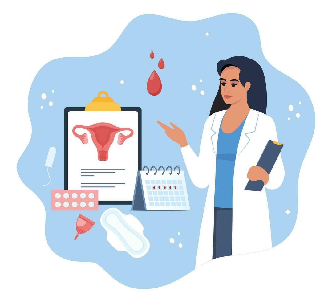 reproductivo salud concepto. menstruación, período, hembra útero, reproductivo sistema. médico ginecólogo en pie con portapapeles, calendario, tampón, almohadillas, menstrual taza, pantalones. vector ilustración.