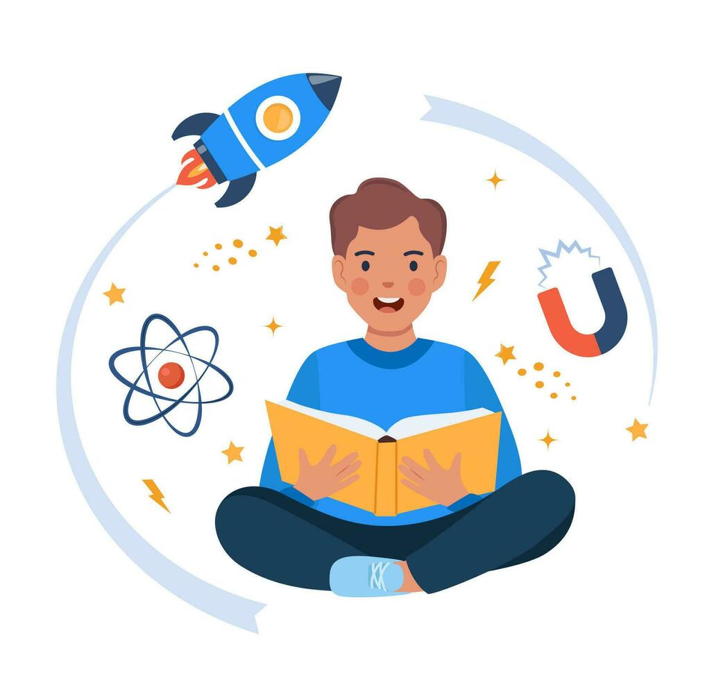 Boy sitting on the floor and reading book. Rocket, atom, magnet around. Education concept for kids. Knowledge, creativity, discoveries. Educational banner. Back to school. Vector. vector