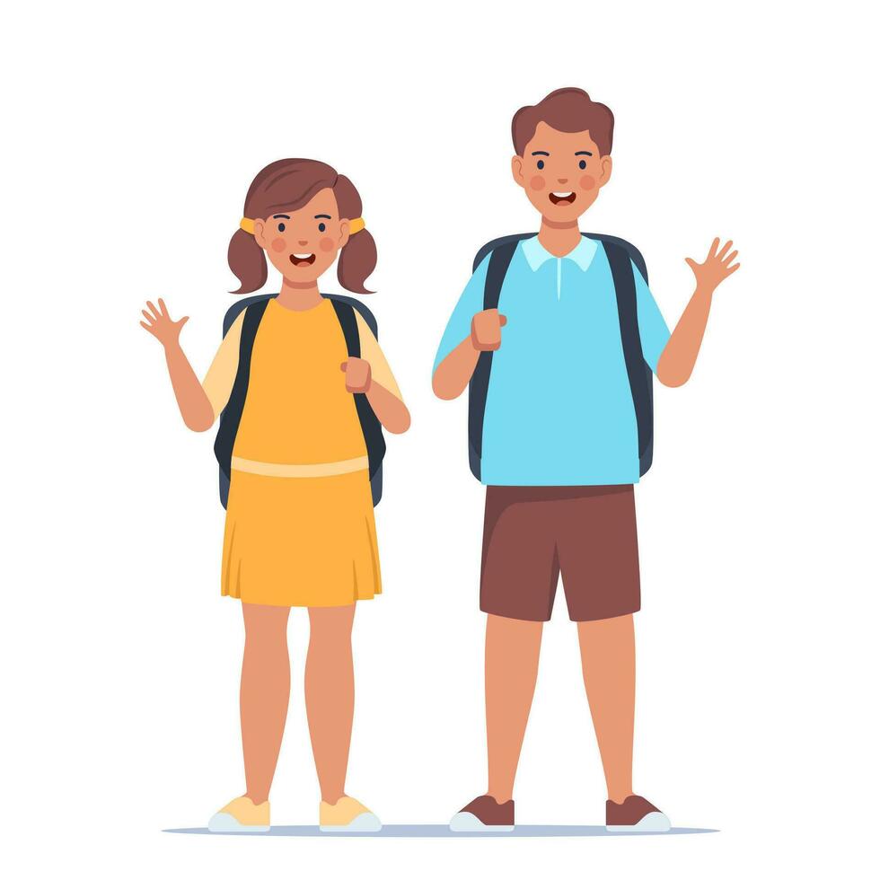 Pareja de chico y muchacha. retrato de contento colegio niños con mochilas dos niños en pie juntos. espalda a escuela. vector ilustración.