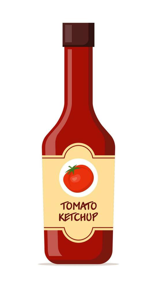 Plastic bottle of red tomato ketchup sauce with label. Vector Illustration.