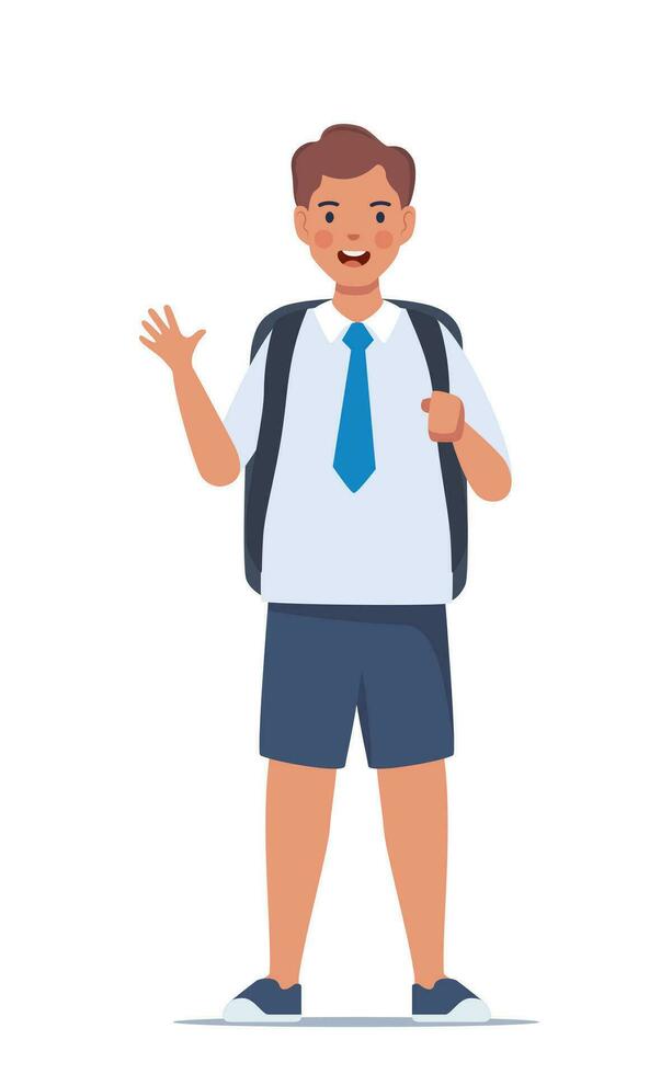 retrato de contento colegio chico con mochila. chico niño. espalda a escuela. vector ilustración.