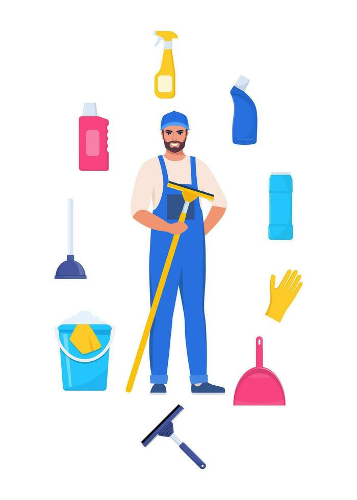 Man dressed in uniform with mop. Worker of cleaning service. Cleaning tools and detergent. Bucket, scoop, brush, washing powder, bottle of spray, sponge, glass scraper, rubber gloves. Vector. vector
