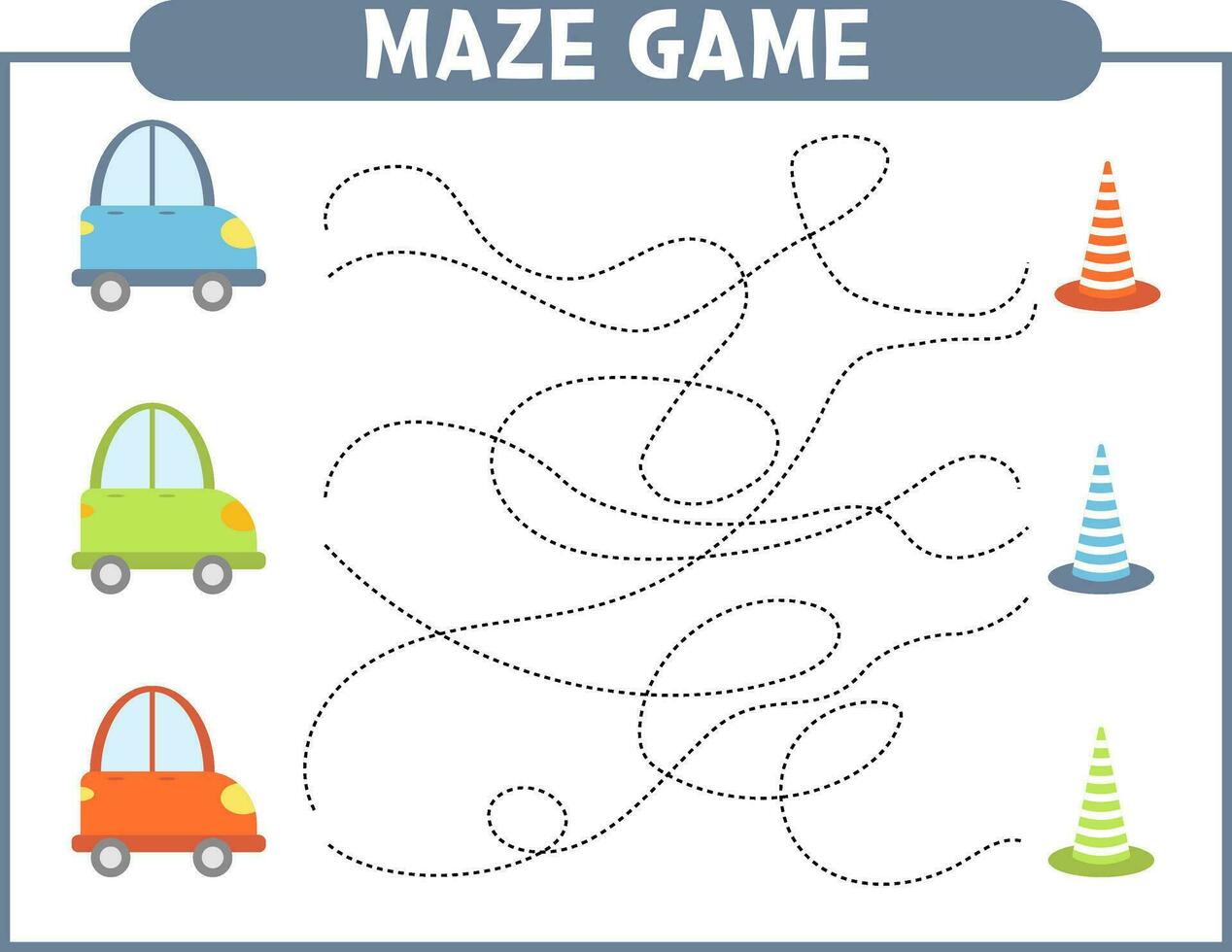 Maze game. Find the right route for colorful cars. Worksheet for kids vector