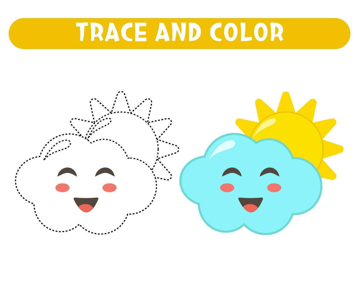 Trace and color cute little cloud and sun. Worksheet for kids vector