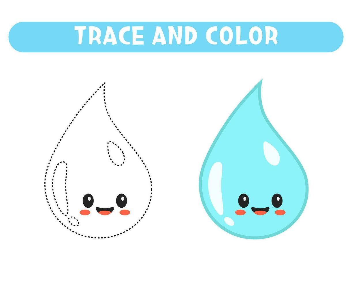 Trace and color cute little raindrop. Worksheet for kids vector