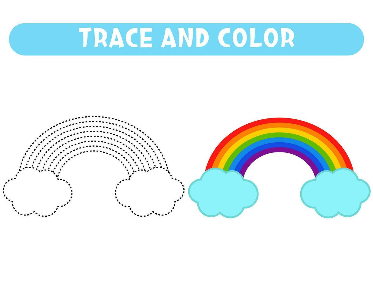 Trace and color cute rainbow. Worksheet for kids vector