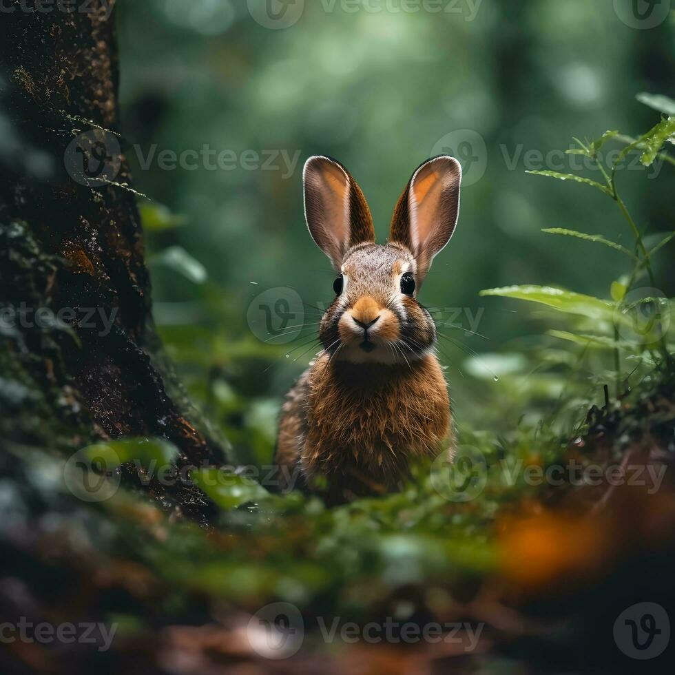 Wild Rabbit in Rain Forest AI Generated photo