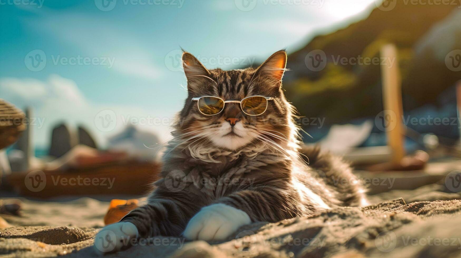 Cat wearing Sunglasses sitting on the Beach AI Generated photo