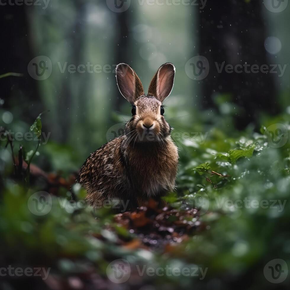 salvaje Conejo en lluvia bosque ai generado foto