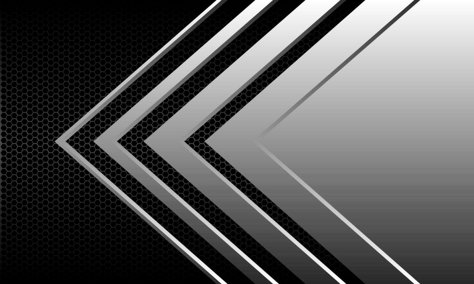 Abstract silver arrow direction geometric on black hexagon mesh pattern design modern luxury futuristic background vector