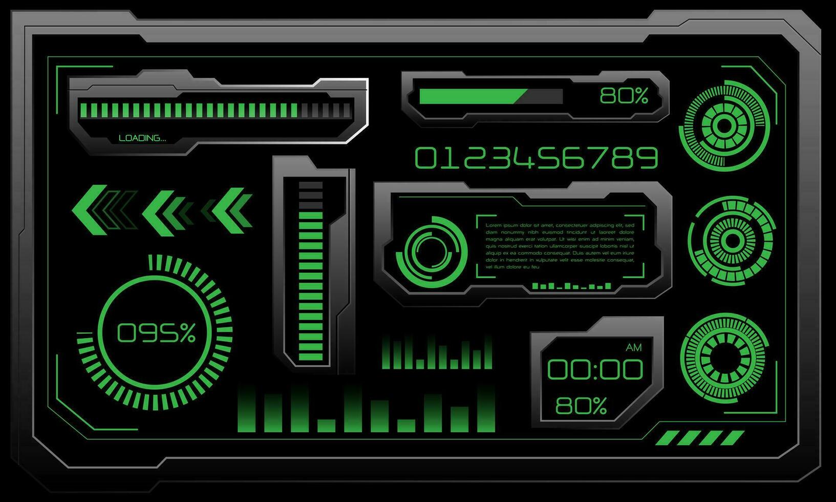 Vector of futuristic technology cyber HUD dashboard monitor green neon light power status on grey design ultramodern element