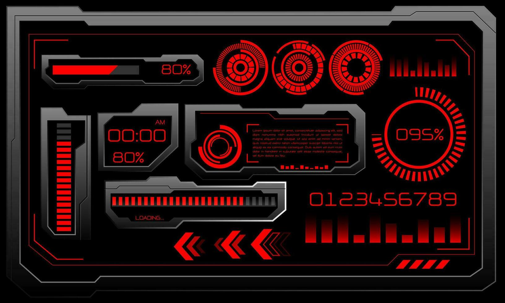 Vector of futuristic technology cyber HUD dashboard monitor red neon light power status on grey design ultramodern element