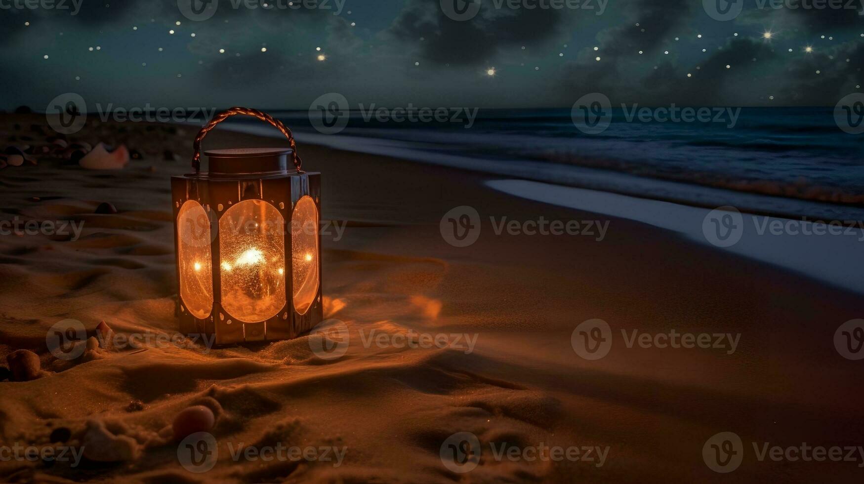 linterna en el playa a noche ai generado foto