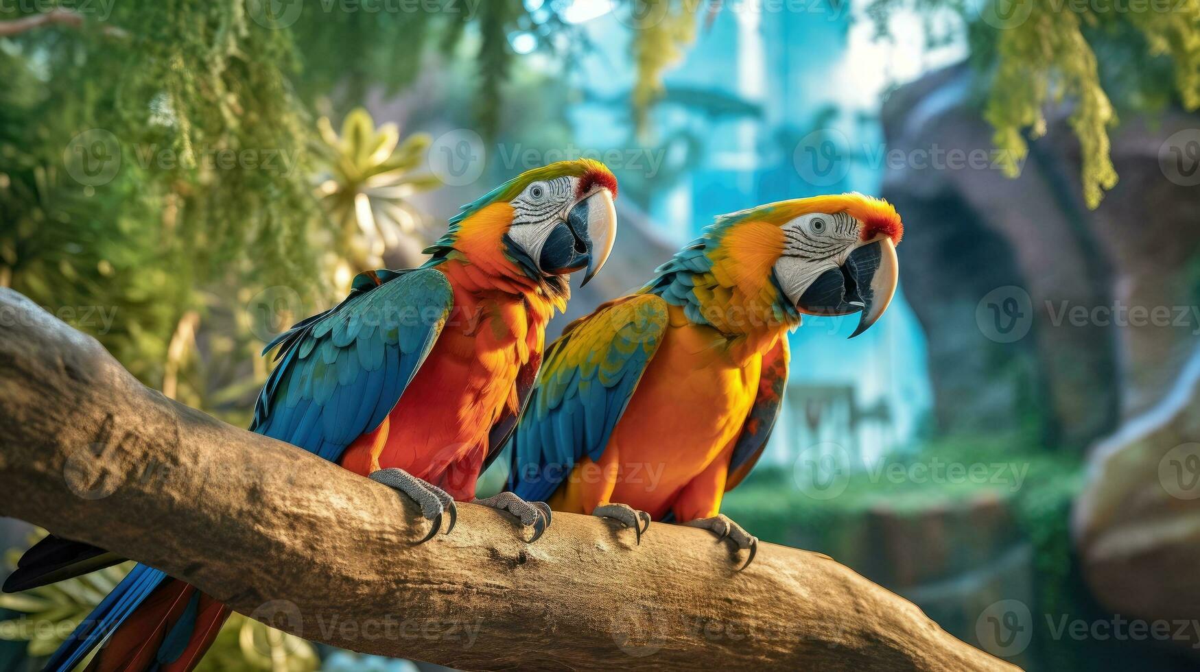 Colorful macaws perched on a tree AI Generated photo