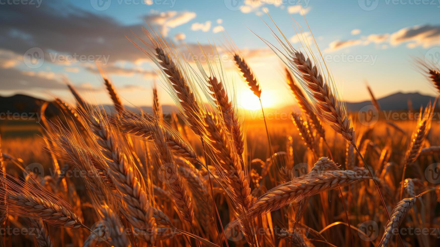Field of wheat with the sun setting photo
