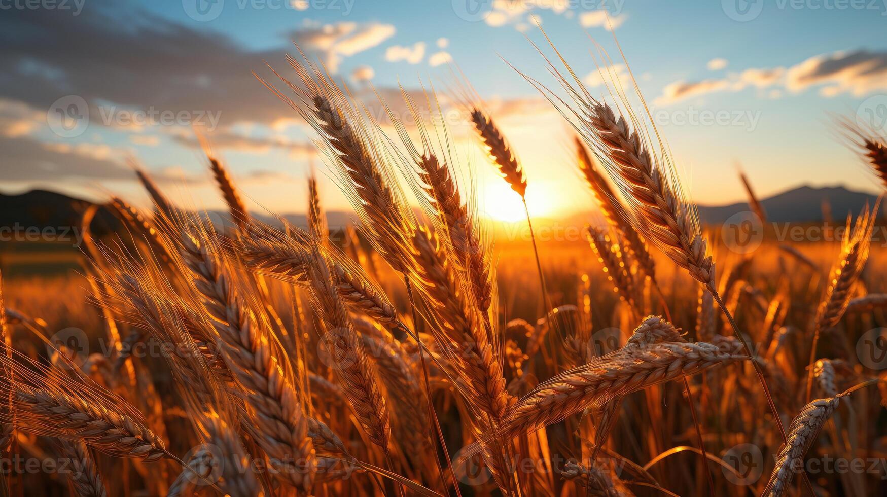 Field of wheat with the sun setting AI Generated photo