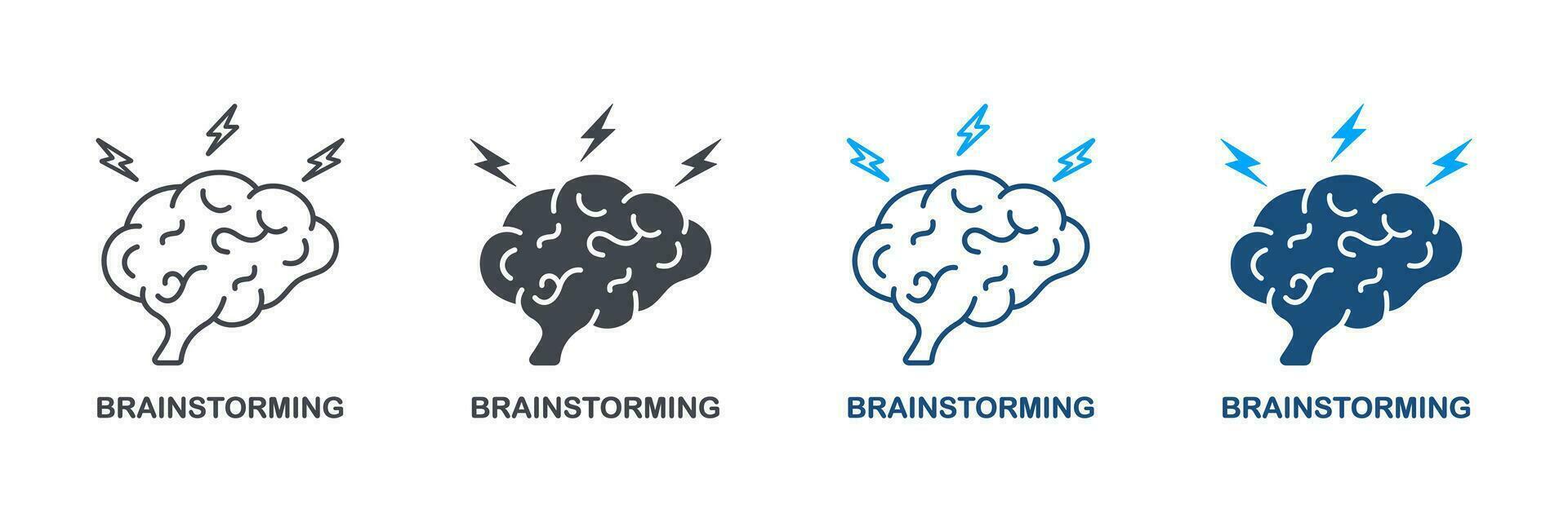 Brainstorm, Think about Creative Idea Silhouette and Line Icon Set. Human Brain with Lightning Pictogram. Intellectual Process, Brainstorming Concept Symbol Collection. Isolated Vector Illustration.