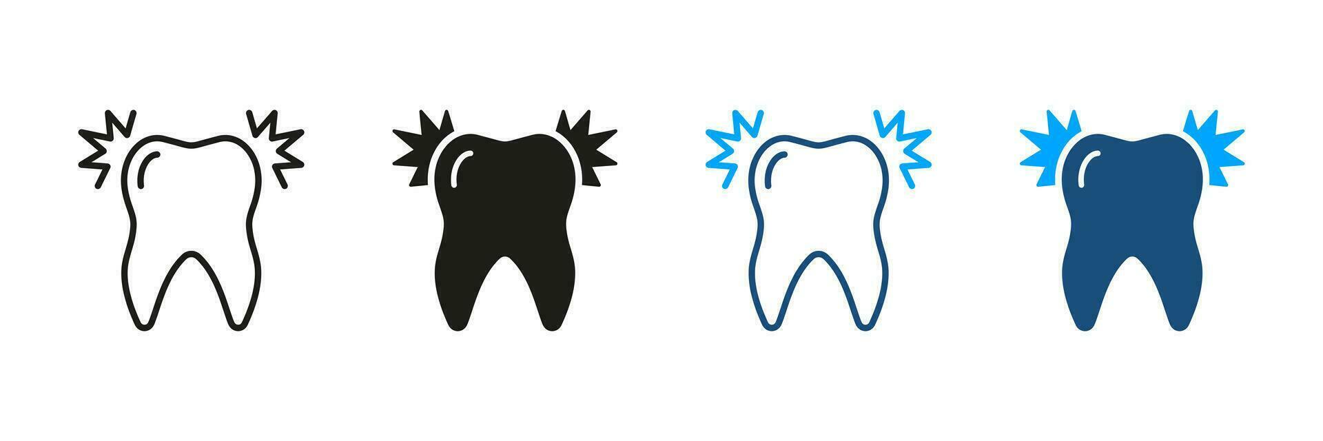 dientes dolor, diente dolor, sensibilidad, doloroso. dolor de muelas silueta y línea icono colocar. odontología, oral cuidado de la salud pictograma. dental tratamiento símbolo recopilación. aislado vector ilustración.