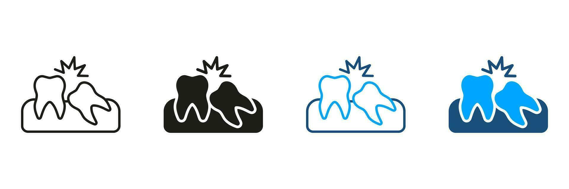 Wisdom Tooth Disease Symbol Collection. Crooked Teeth Silhouette and Line Icons Set. Oral Care, Malocclusion Medical Problem Pictogram. Dental Treatment, Dentistry Sign. Isolated Vector Illustration.