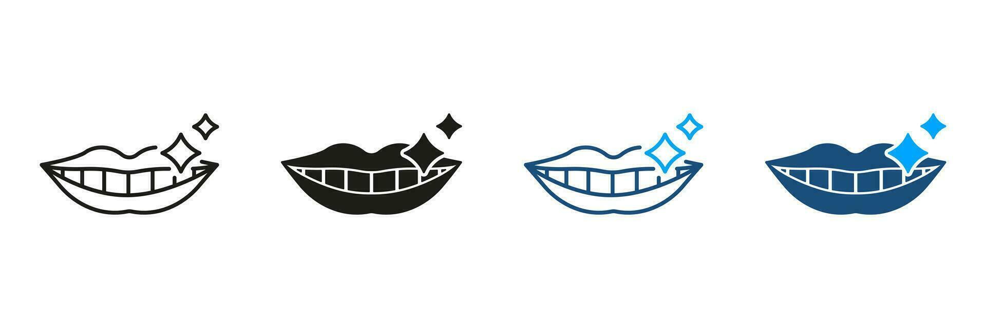 Shiny Human Smile. Healthy Teeth, Sparkle Mouth Silhouette and Line Icon Set. Dental Treatment, Dentistry Black and Color Symbol Collection. Beauty Lips and White Teeth. Isolated Vector Illustration.