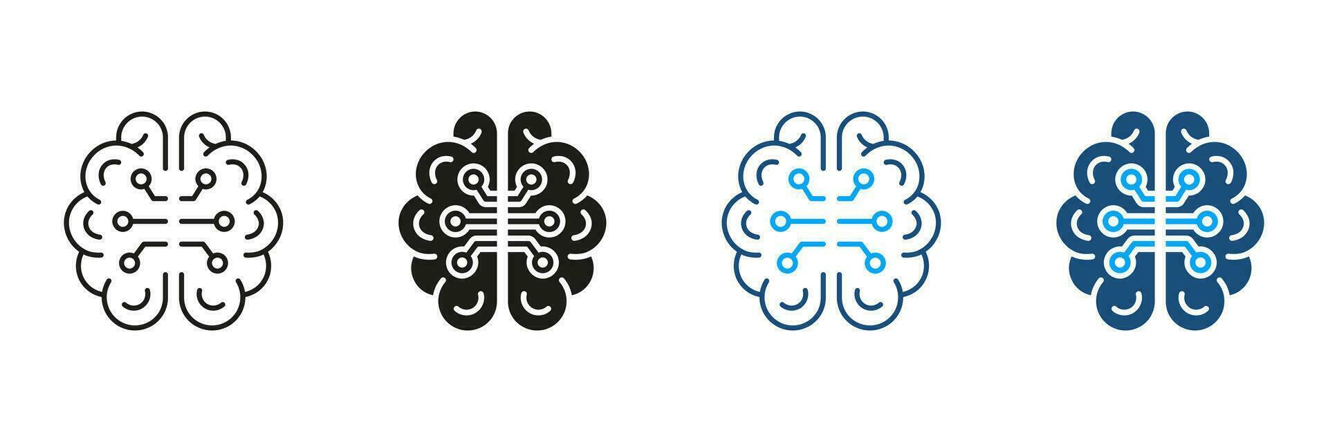 Artificial Intelligence Black and Color Symbol Collection. Network, Tech Science Pictogram. Human Brain with Circuit, Digital Technology Silhouette and Line Icons Set. Isolated Vector Illustration.