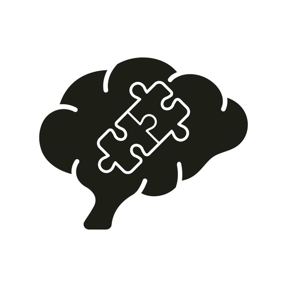 Puzzle and Human Brain Silhouette Icon. Jigsaw for Mind Development Concept. Problem Solving and Find Solution Glyph Pictogram. Memory, Education, Creative Idea. Isolated Vector Illustration.