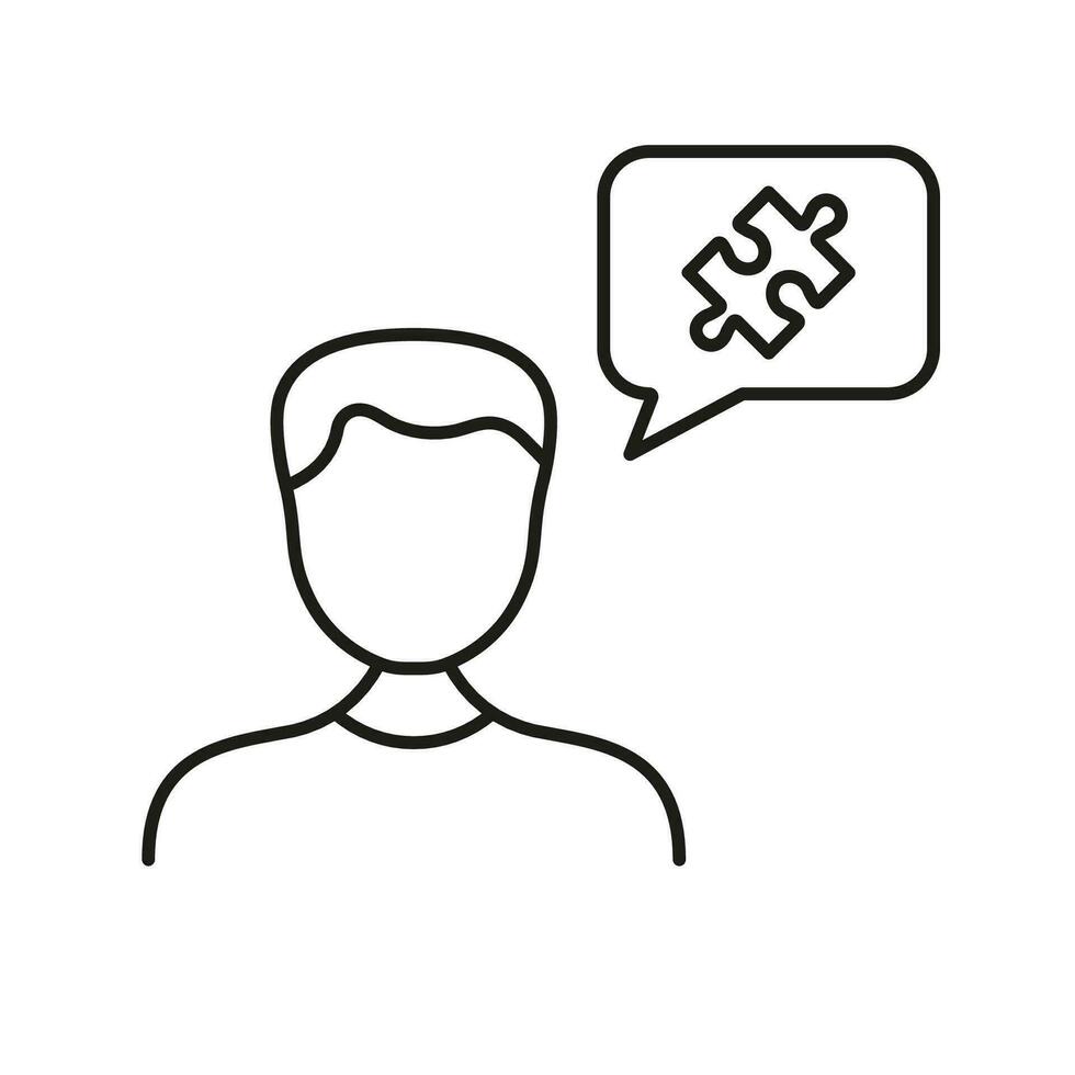 Men and Puzzle Piece in Speech Bubble Line Icon. Male Thinks about Business Cooperation Linear Pictogram. Discussion, Dialog, Communication Outline Sign. Editable Stroke. Isolated Vector Illustration.