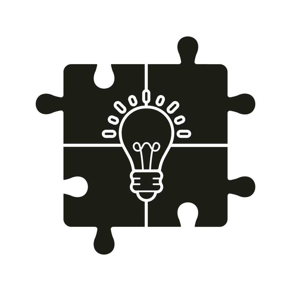 Jigsaw in Light Bulb Solid Sign. Lightbulb in Puzzle, Solution Concept Silhouette Icon. Invention Strategy. Success Innovation, Inspiration, Idea Glyph Pictogram. Isolated Vector Illustration.