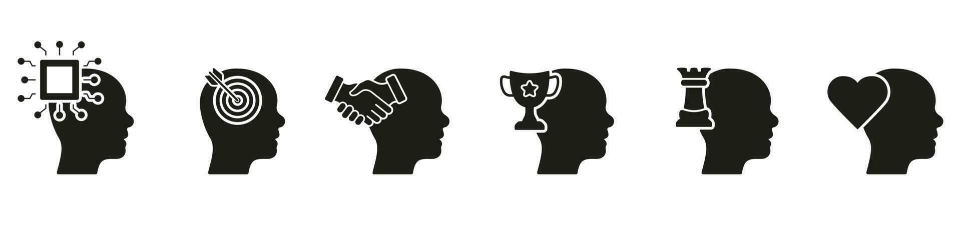 Human Mind Process Silhouette Icon Set. AI, Goals, Motivation, Strategy Thinking Symbols. Mental Health Solid Sign Collection. Emotional Intelligence Glyph Pictogram. Isolated Vector Illustration.