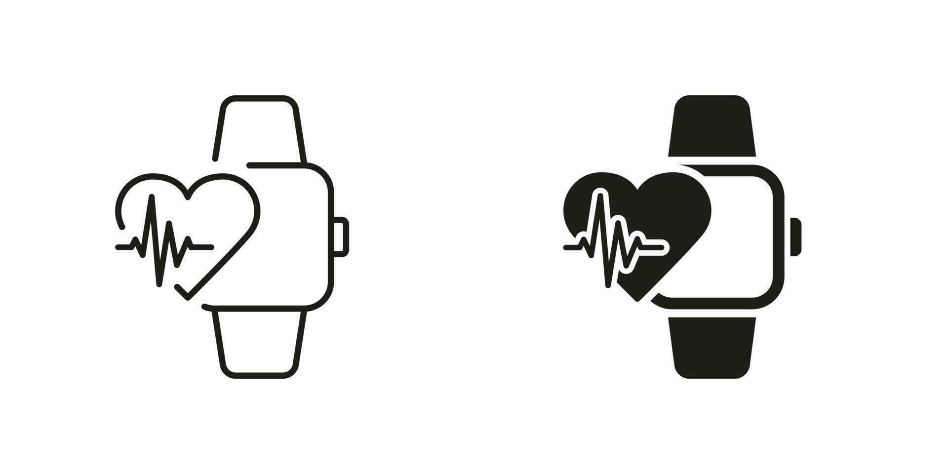 Smart Watch Technology for Sport Pictogram. Heart Pulse Control in Smartwatch Line and Silhouette Black Icon Set. Heartbeat Rate in Fitness Bracelet Symbol Collection. Isolated Vector Illustration.