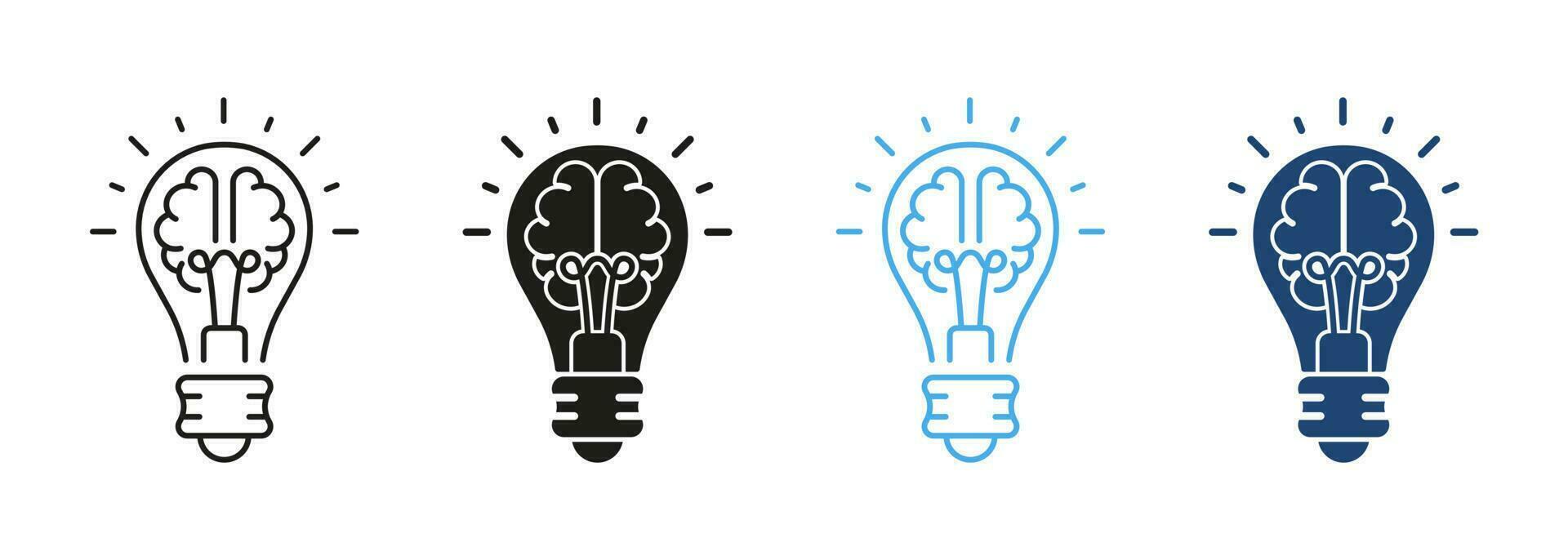 Knowledge, Smart Solution Line and Silhouette Color Icon Set. Light Bulb and Human Brain Pictogram. Inspiration, Creative Idea Symbol Collection on White Background. Isolated Vector Illustration.