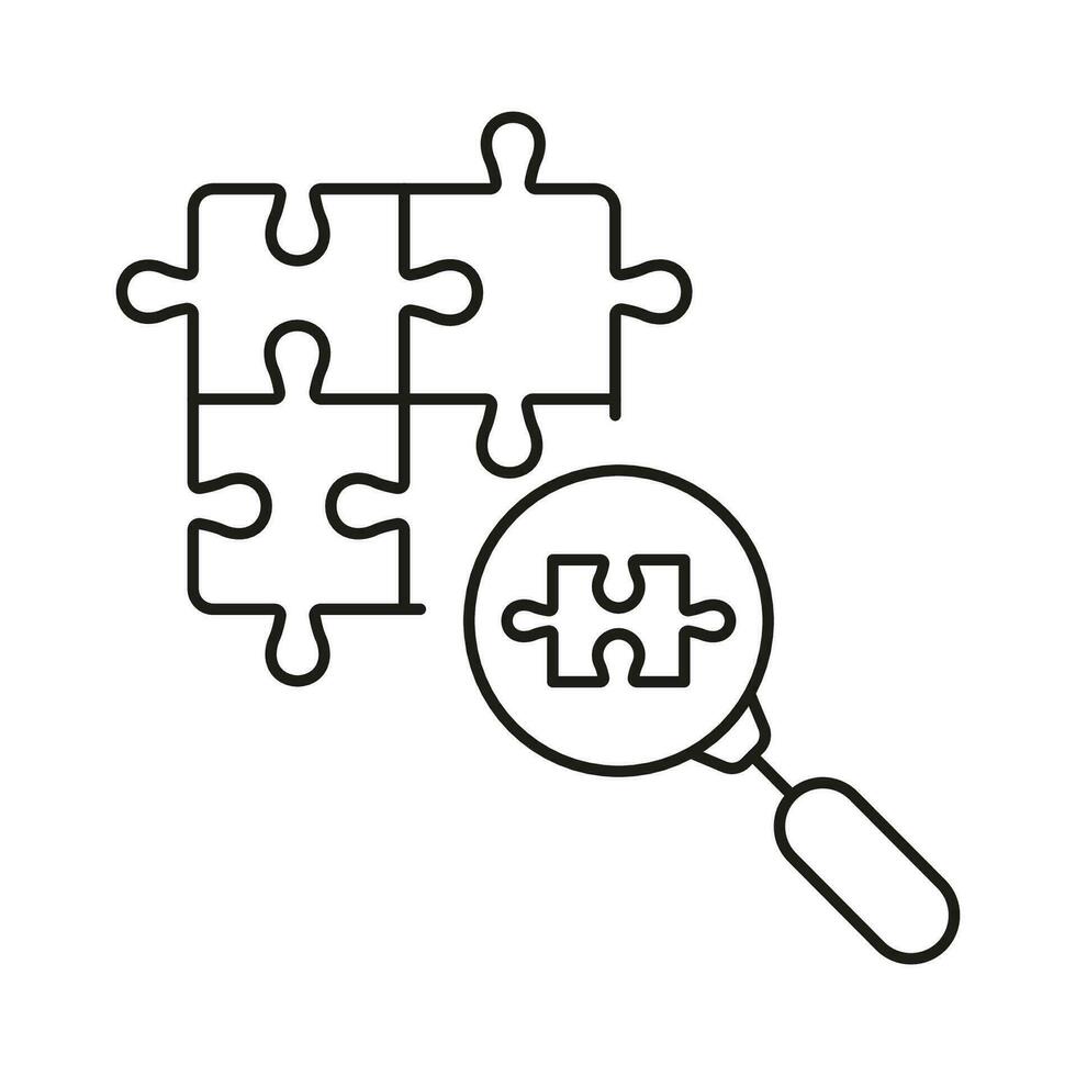 Magnifying Glass and Jigsaw Pieces Outline Sign. Problem Solving Linear Pictogram. Magnifier with Puzzle Parts Line Icon. Teamwork Connection. Editable Stroke. Isolated Vector Illustration.