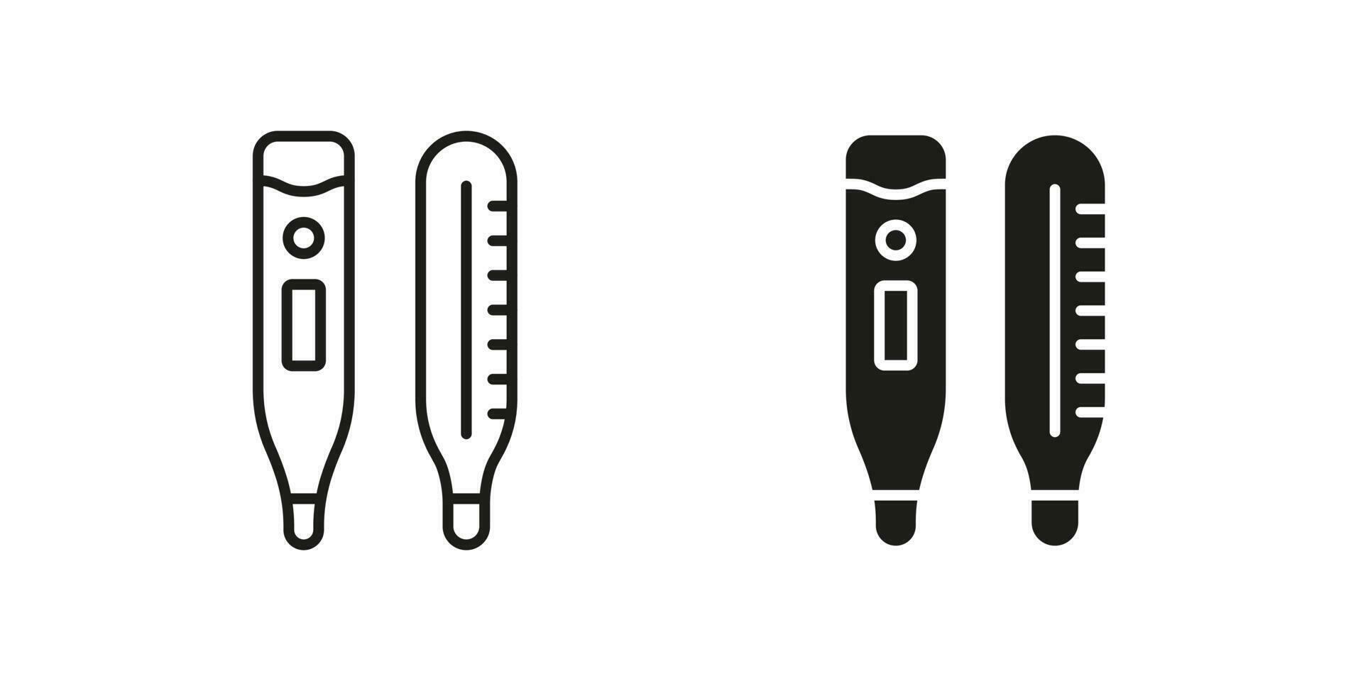 Thermometer Line and Silhouette Black Icon Set. Medical Tool for