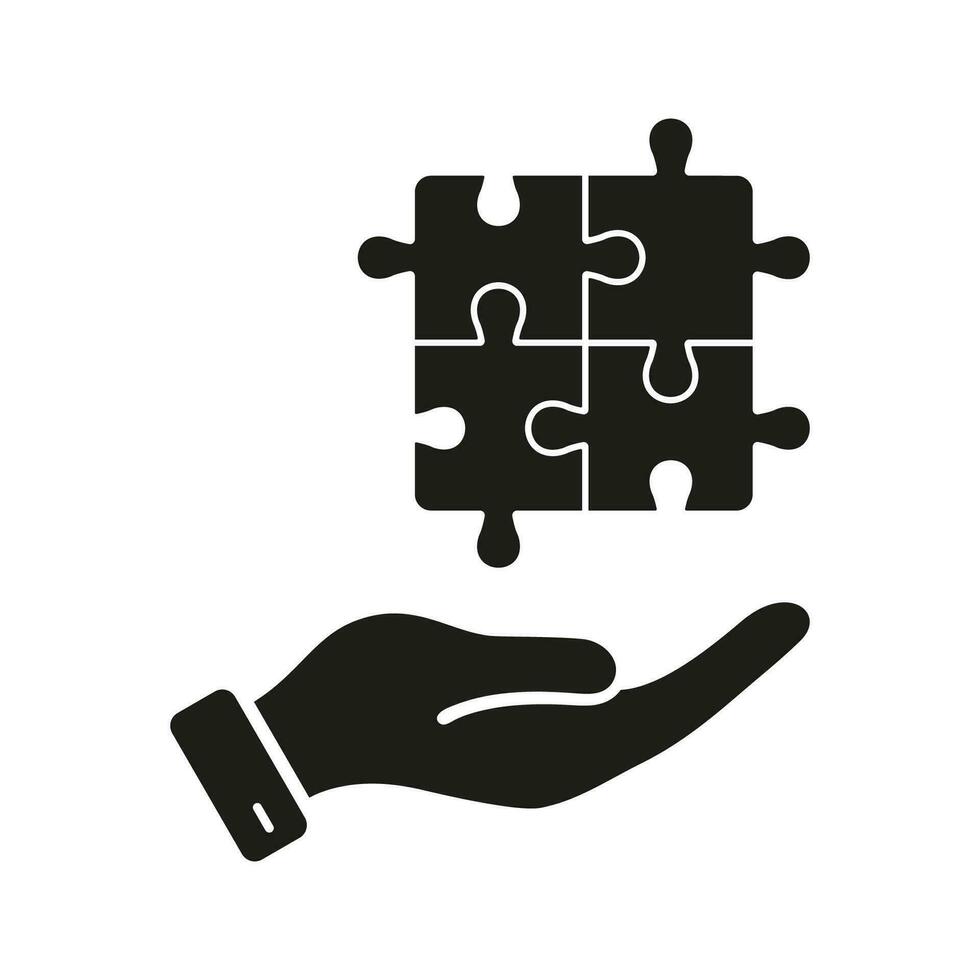 Jigsaw Pieces, Successful Teamwork Silhouette Icon. Strategy, Problem Solving, Solution, Idea Glyph Pictogram. Puzzle Combination and Human Hand Solid Sign. Isolated Vector Illustration.