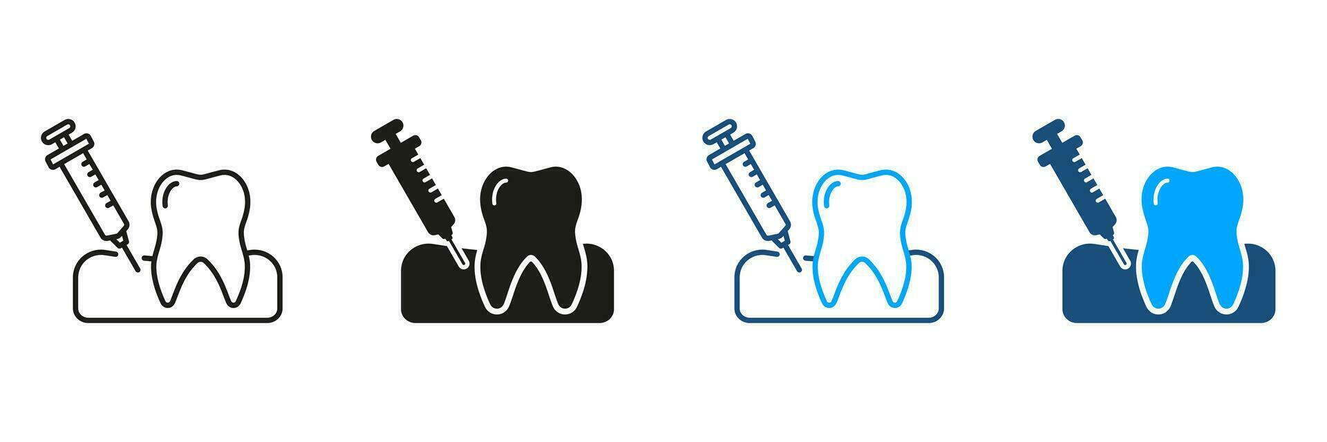 dental anestesia silueta y línea icono colocar. oral medicamento. dental tratamiento, odontología símbolo recopilación. anestésico inyección en el goma negro y color signo. aislado vector ilustración.