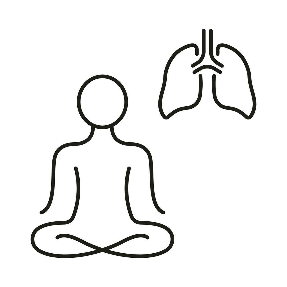Person Do Yoga, Deep Breath Exercise Line Icon. Mindfulness Linear Pictogram. Relaxation, Wellness Outline Symbol. Human Lung and Lotus Pose. Editable Stroke. Isolated Vector Illustration.