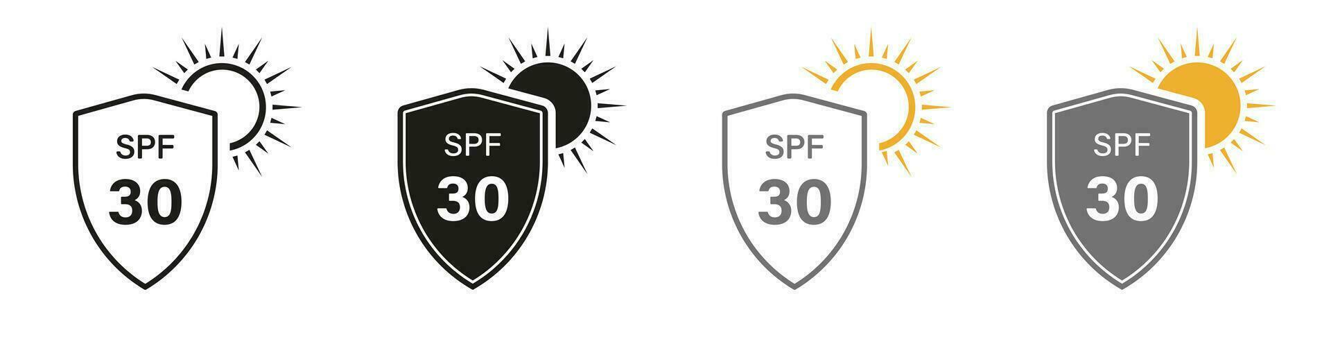 Sunblock SPF 30, Skin Protect Pictogram. Shield Block Ultraviolet Rays Symbol Collection. Sun Protection Line and Silhouette Icon Set. Summer Cream, Solar Safety Label. Isolated Vector Illustration.