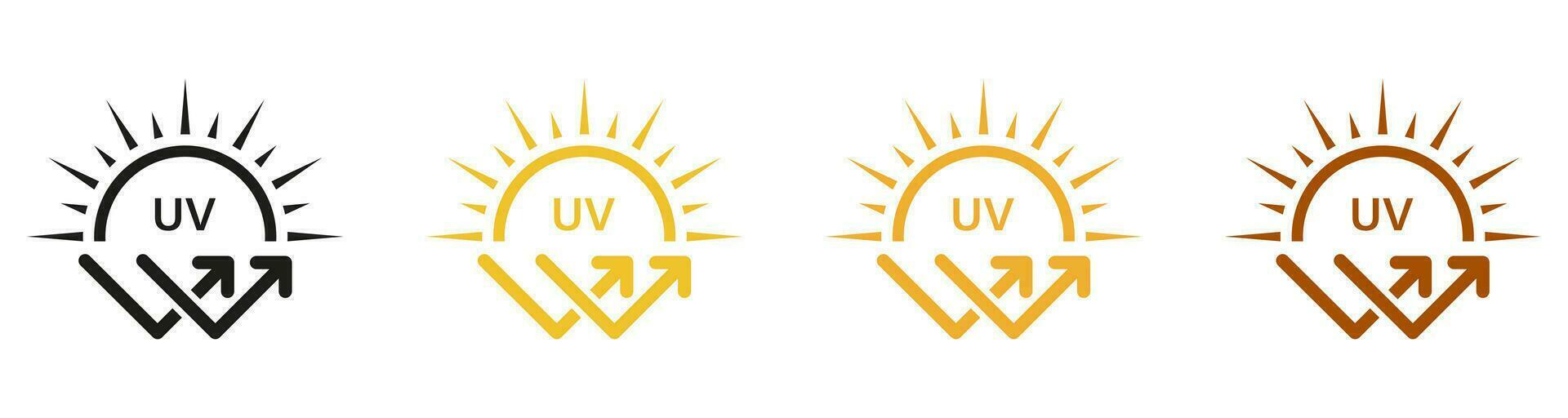 Block Solar Radiation and Ultraviolet Rays Symbol Collection. Sunblock Cream Label. Skin Protect, Danger UV Sunlight Pictogram. Sunscreen Lotion, SPF Protection Icon Set. Isolated Vector Illustration.