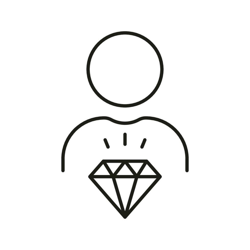 Man with Diamond, Corporate Ideology Outline Symbol. Employee Value Line Icon. Person is Core Values, Business Principles at Work Linear Pictogram. Editable Stroke. Isolated Vector Illustration.