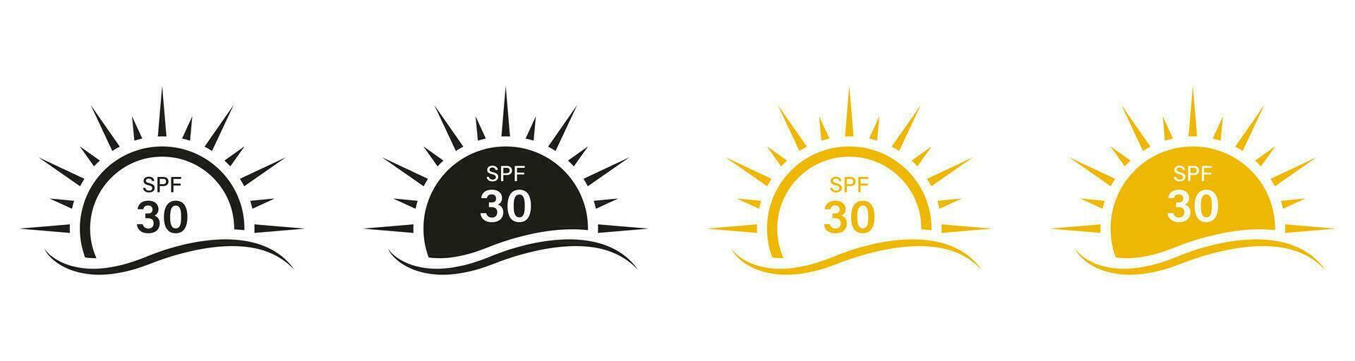 SPF 30 Sunblock Lotion Labels. Block Solar Radiation, Anti Ultraviolet Rays Symbol Collection. Sunscreen Protect Icons. UV Skin Protection Cream Pictogram Set. Isolated Vector Illustration.