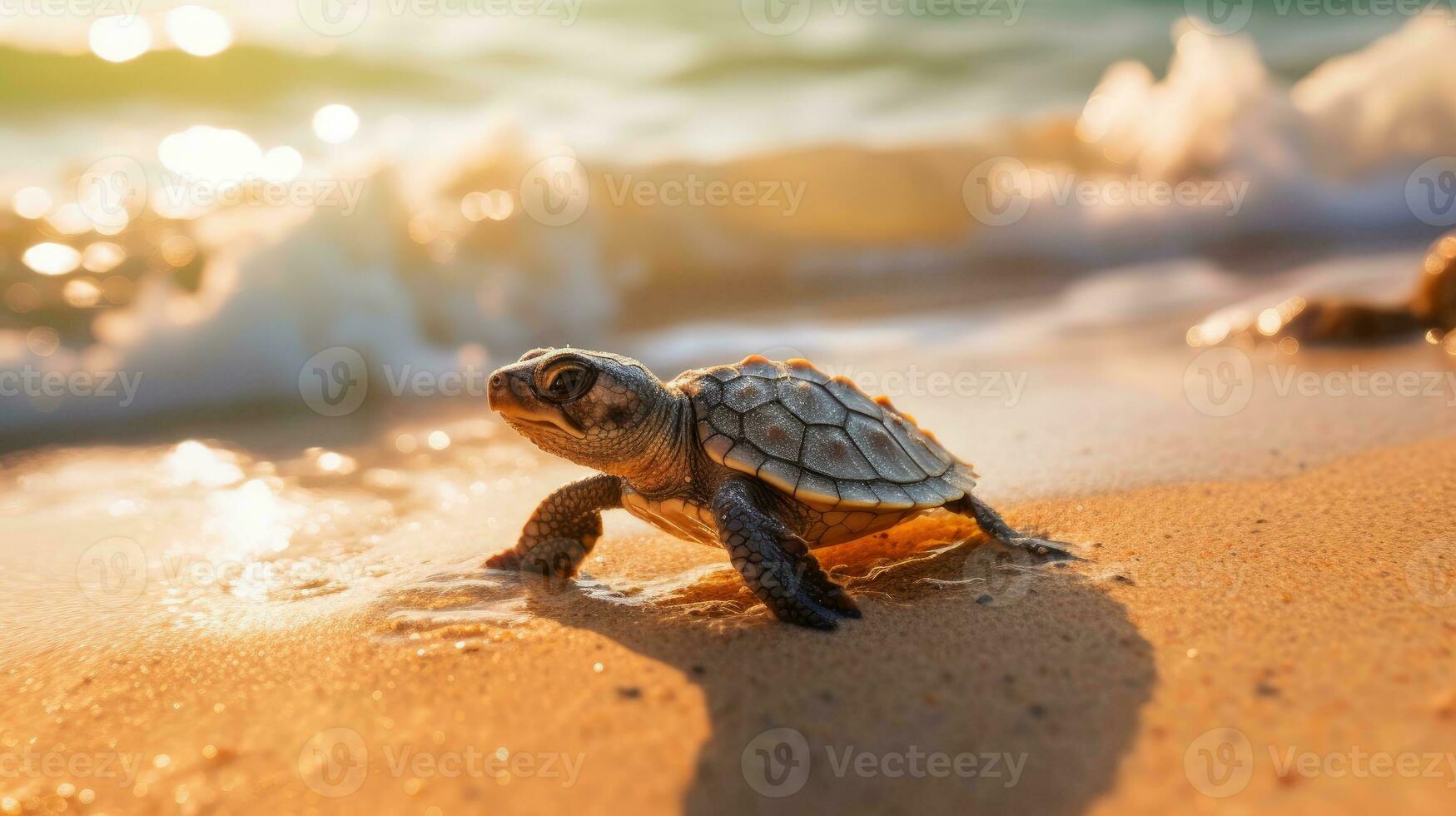 bebé Tortuga en el playa ai generado foto