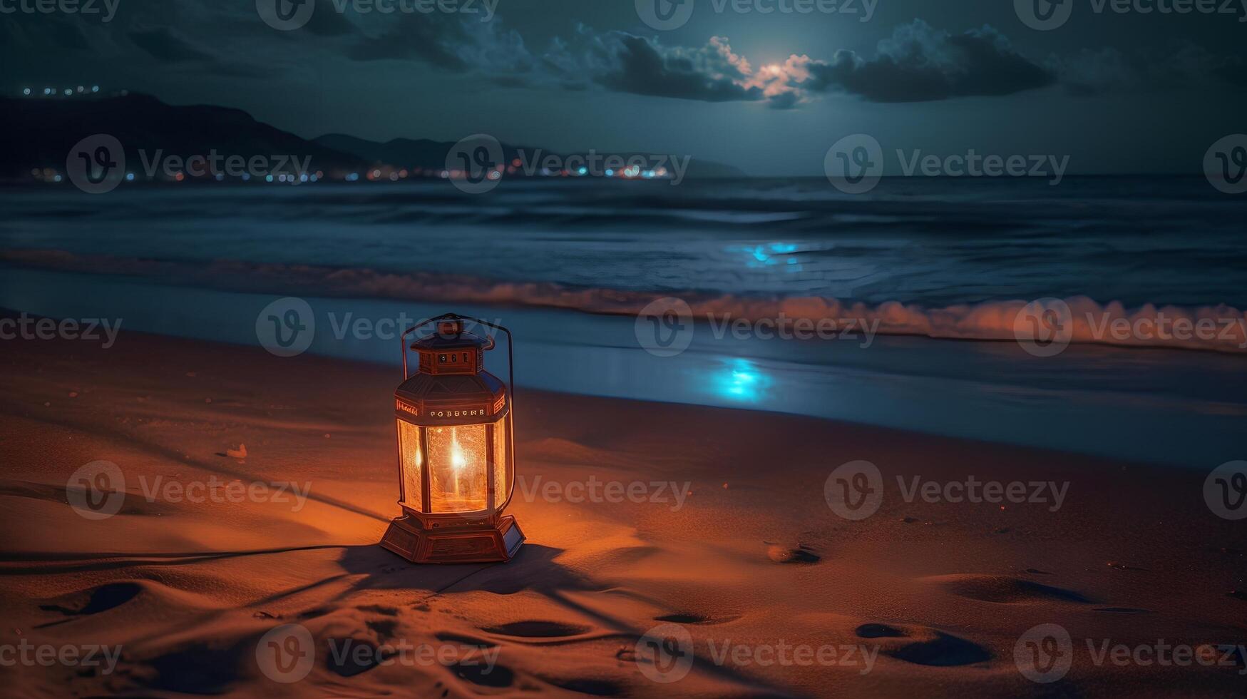 linterna en el playa a noche ai generado foto