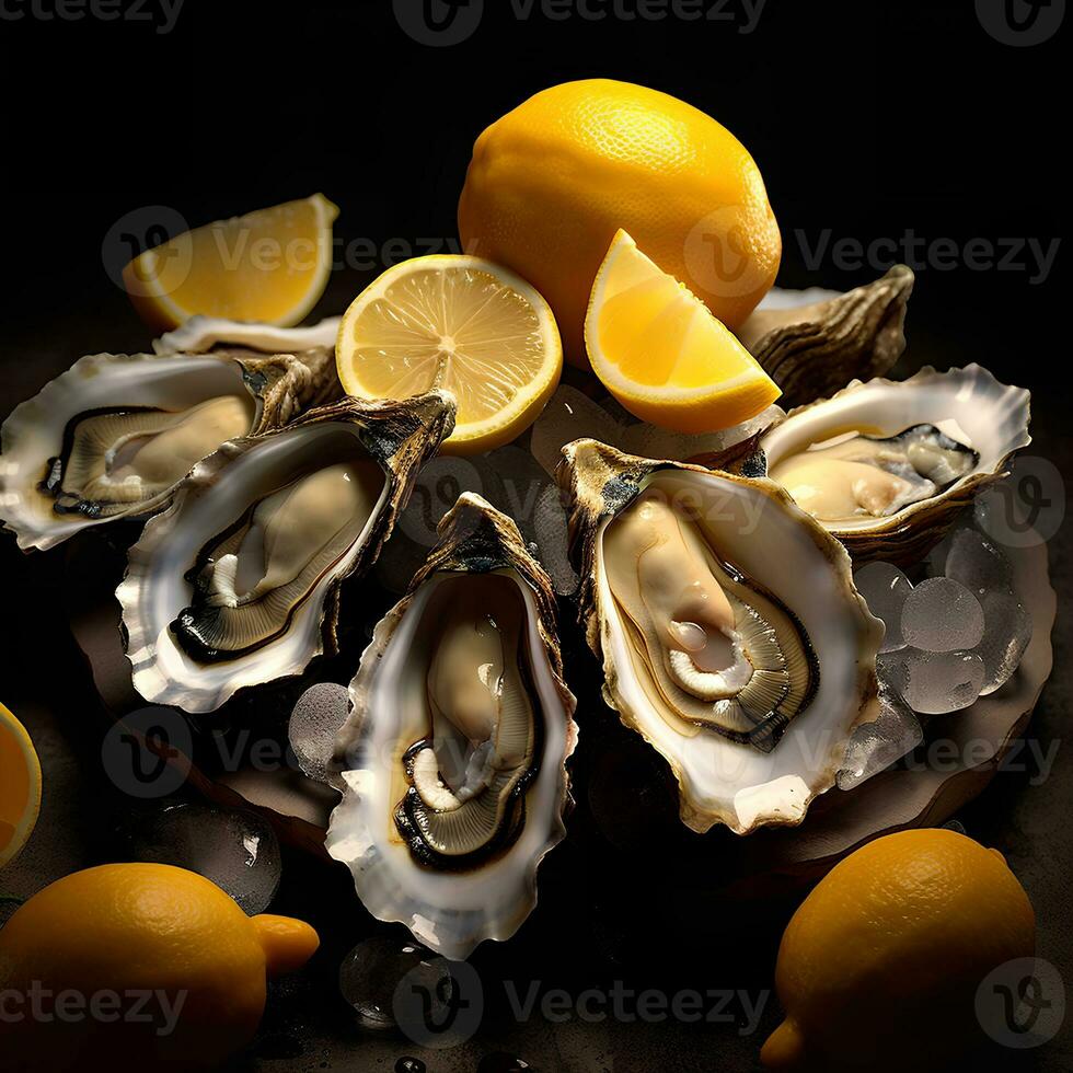 Fresco ostras con limón ai generado foto